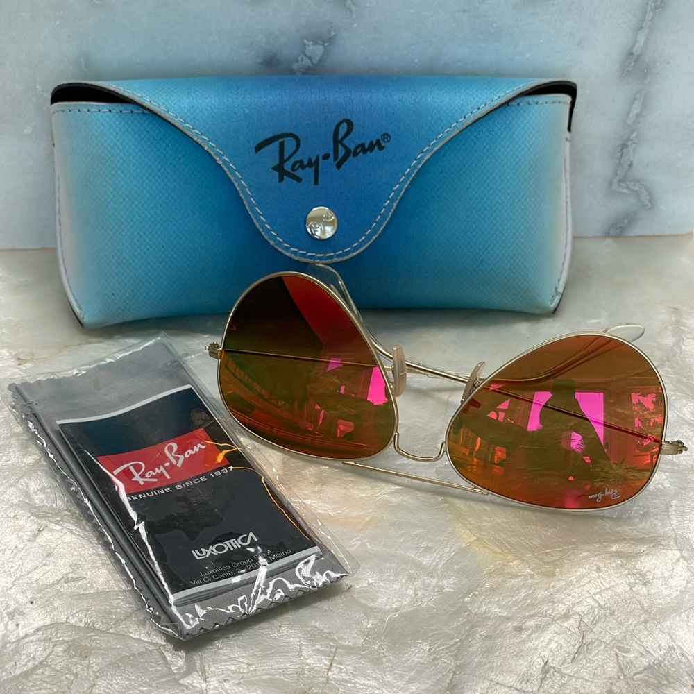 Ray Ban Aviator Orange/Pink mirror Polarized Sunglasses - Picture 7 of 15